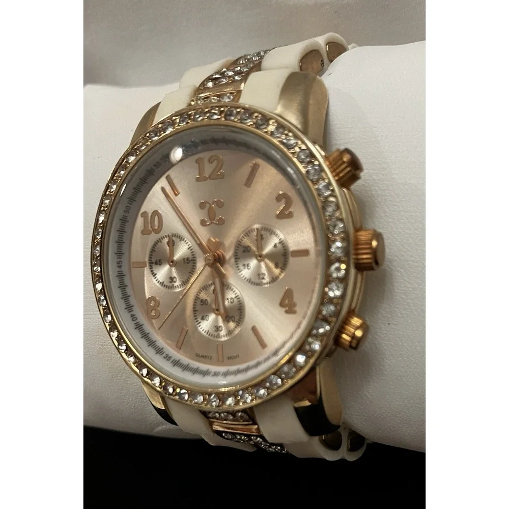 Charming Charlie Womens Rhinestone Rose Gold White Acrylic Band Watch Works